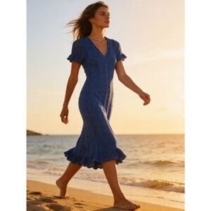 Ralph Lauren women’s Blue Knit V-Neck Midi Dress size M